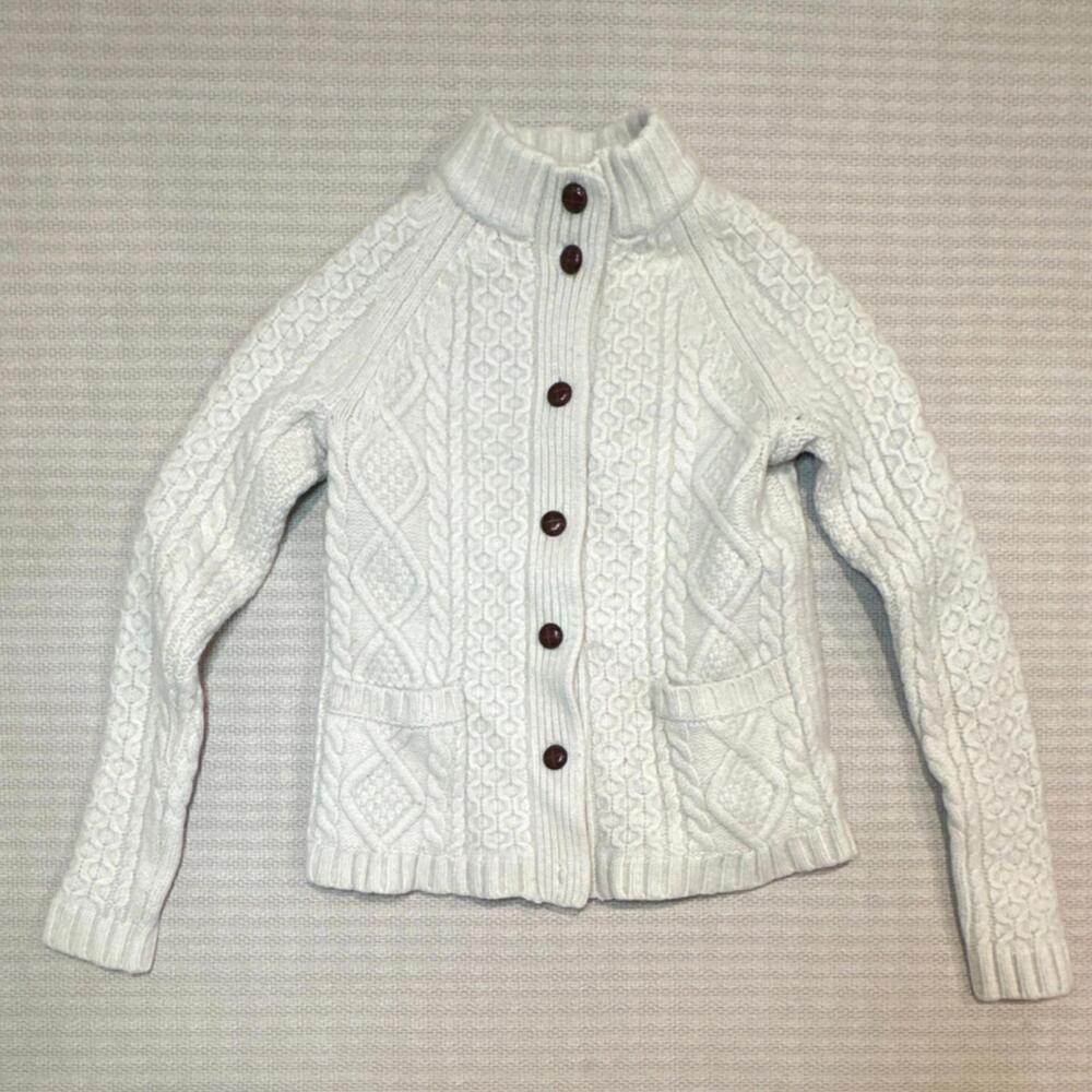 Lands' End Women’s Ivory Cable Knit Lambswool Cardigan Sweater S 6-8 Button Up